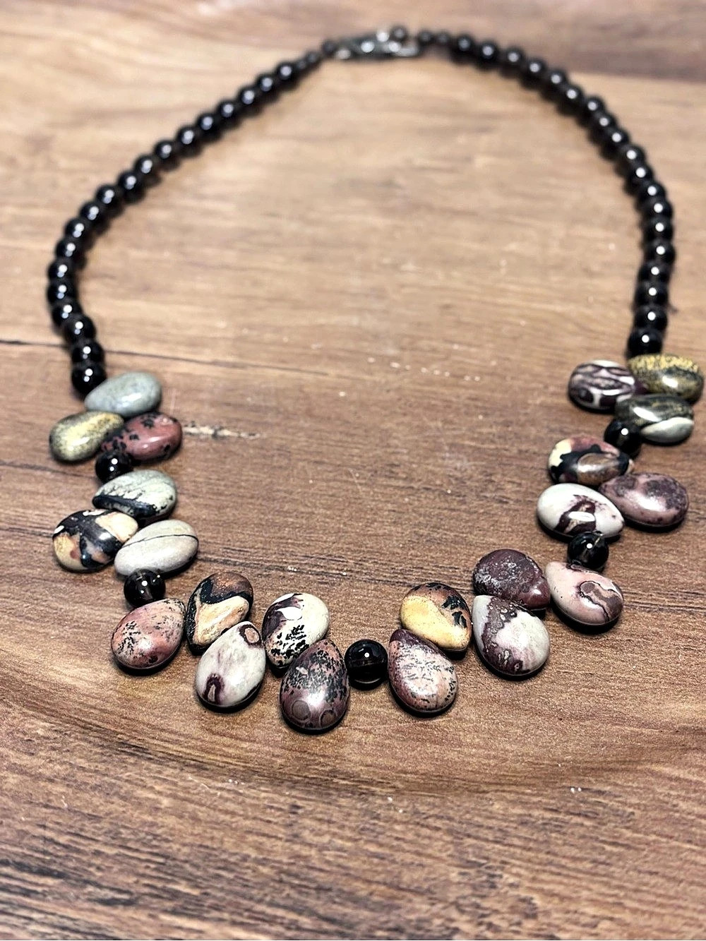 Beautiful semi-precious gemstone necklace, jasper,quartz, sterling silver toggle